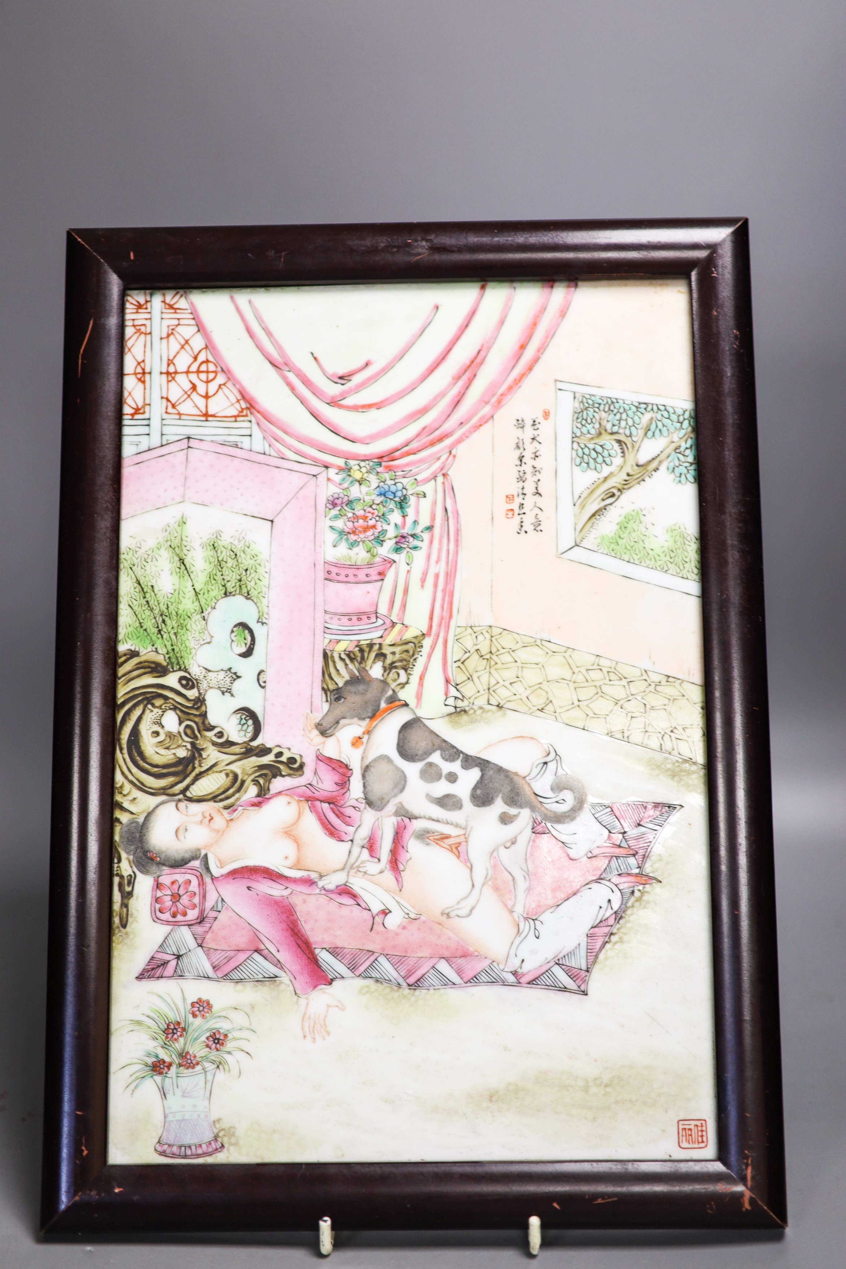 A part set of eleven framed Chinese porcelain plaques, zodiac erotic subjects 36x24cm